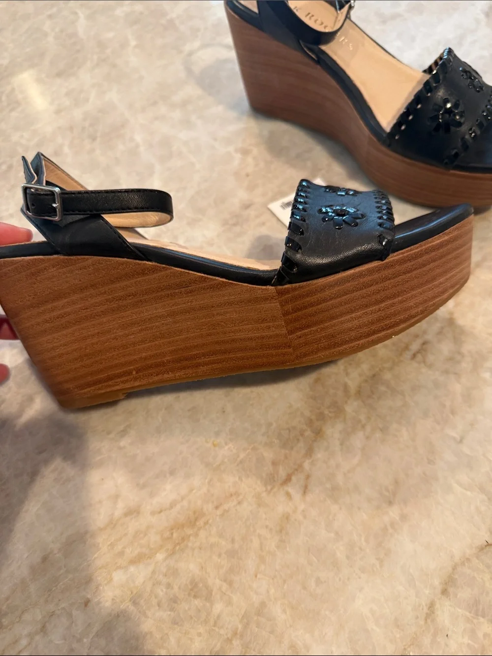 Jack Rogers Black Leather Wedge Sandals Size 81/2 Brand New Excellent Condition
